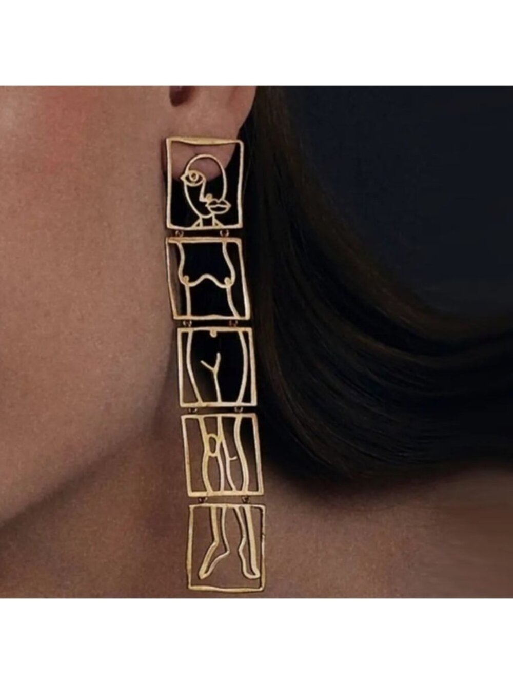 Gold Hollowed Out Female Body Face Geometric Silhouette Square Earrings